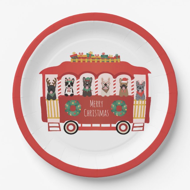 Plato De Papel Feliz Navidad Bulldoges franceses Holiday Trolly (Anverso)
