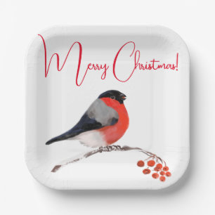 Plato De Papel Feliz Navidad, Bullfinch en invierno