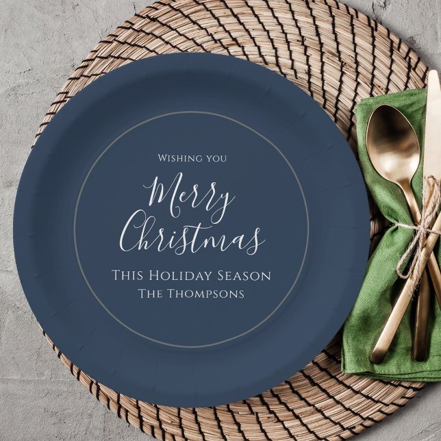 Plato De Papel Feliz Navidad caligrafía caligrafía simple marina  (Simple Merry Christmas cute navy blue and white calligraphy script paper plate)