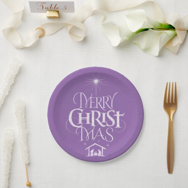 Plato De Papel Feliz Navidad Caligrafía religiosa Chalk Purple (Boda)