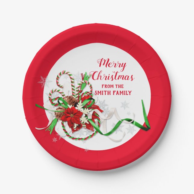 Plato De Papel Feliz Navidad Candy Cane Poinsettia (Anverso)