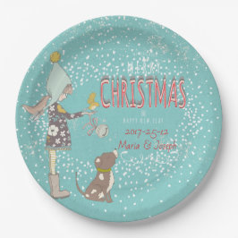 Plato De Papel Feliz Navidad - Chica de Navidad Perro editable Te