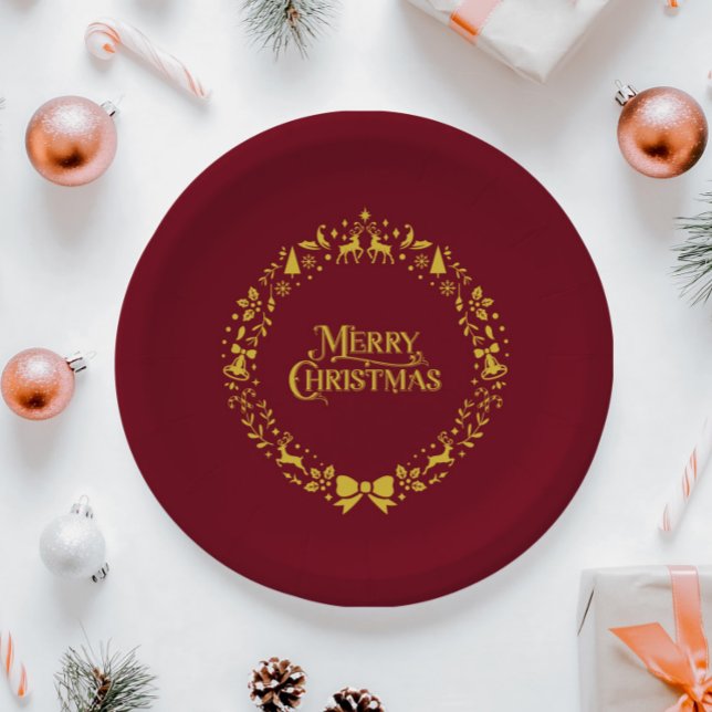 Plato De Papel Feliz Navidad Clásica Festividad Roja (Merry Christmas Classic Red Holiday Paper Plates)