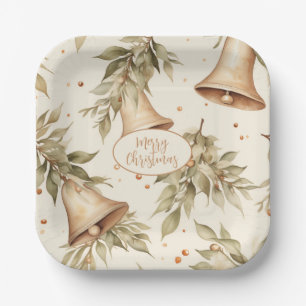 Plato De Papel Feliz Navidad con Campanas Rústicas y Follaje