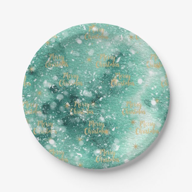 Plato De Papel Feliz Navidad con copos de nieve (Anverso)