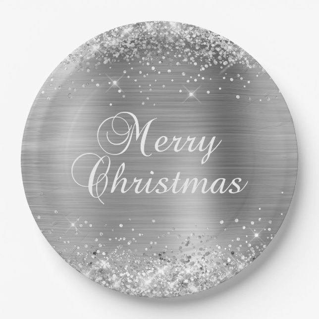 Plato De Papel Feliz Navidad con Purpurina de Plata (Anverso)