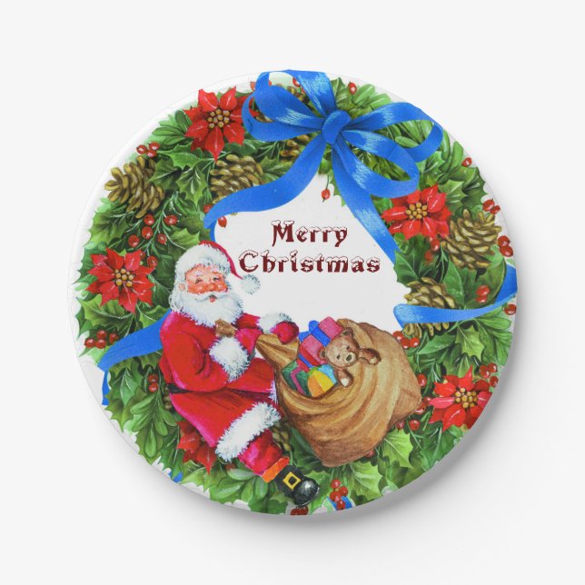 Plato De Papel Feliz Navidad con Santa (Anverso)