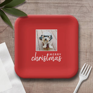 Plato De Papel Feliz Navidad con una foto cuadrada - rojo