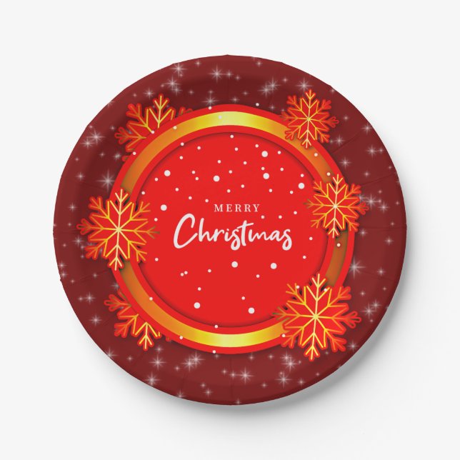 Plato De Papel Feliz Navidad, copos de nieve de oro rojo 7" (Anverso)