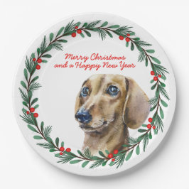 Plato De Papel Feliz Navidad Cute Dachshund Dog Wreath navidad