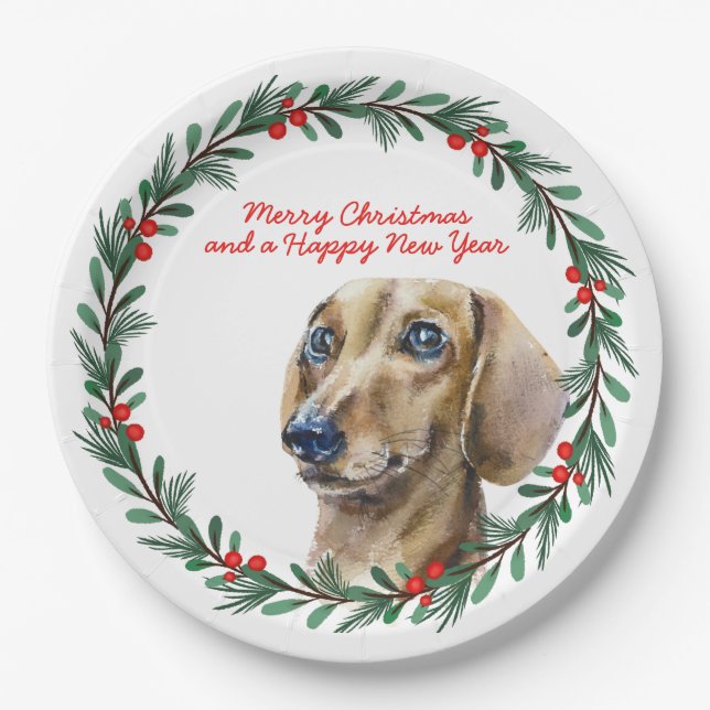 Plato De Papel Feliz Navidad Cute Dachshund Dog Wreath navidad (Anverso)