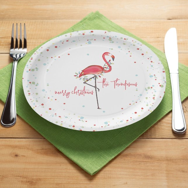 Plato De Papel Feliz Navidad Cute Festividad Flamingo String Ligh (Simple Merry Christmas cute pink flamingo calligraphy script paper plate)