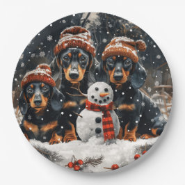 Plato De Papel Feliz Navidad Dachshund Perros Snowman