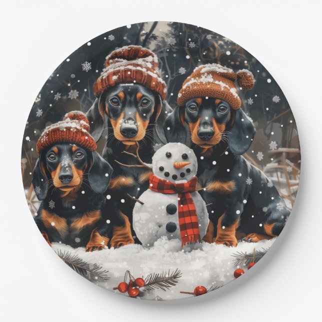 Plato De Papel Feliz Navidad Dachshund Perros Snowman (Anverso)
