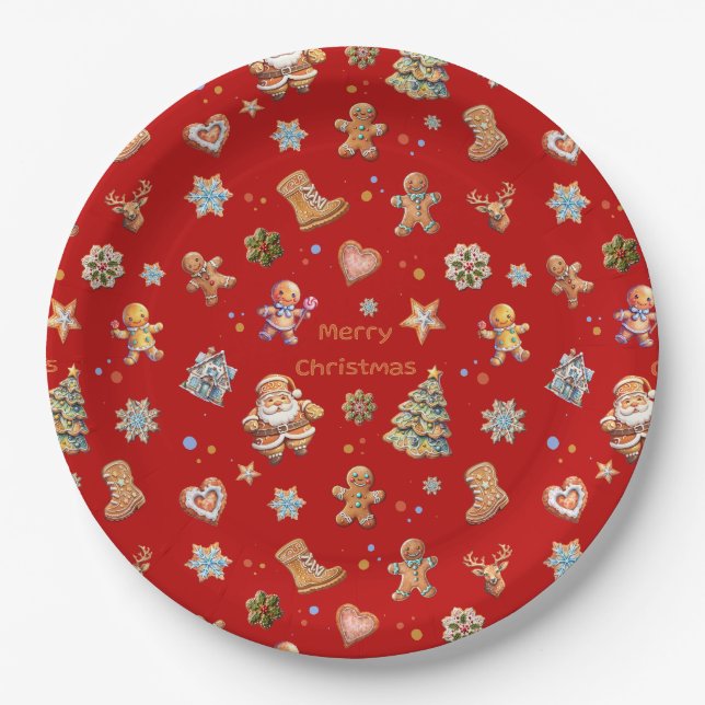Plato De Papel Feliz Navidad Diversión Cuidad Gingerbread Rojo (Anverso)