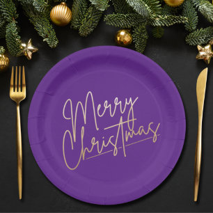Plato De Papel Feliz Navidad dorada en morado