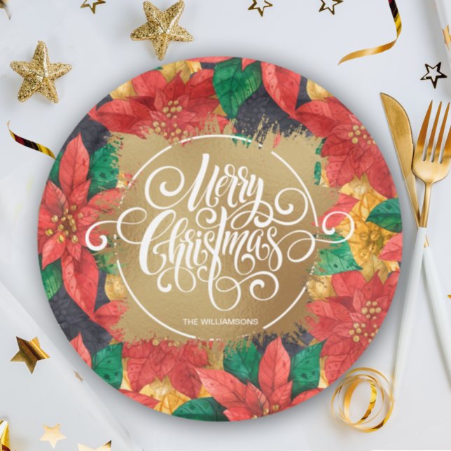 Plato De Papel Feliz Navidad dorada en Poinsettias (Subido por el creador)