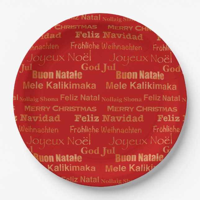 Plato De Papel Feliz Navidad dorada en rojo y en varios idiomas (Anverso)