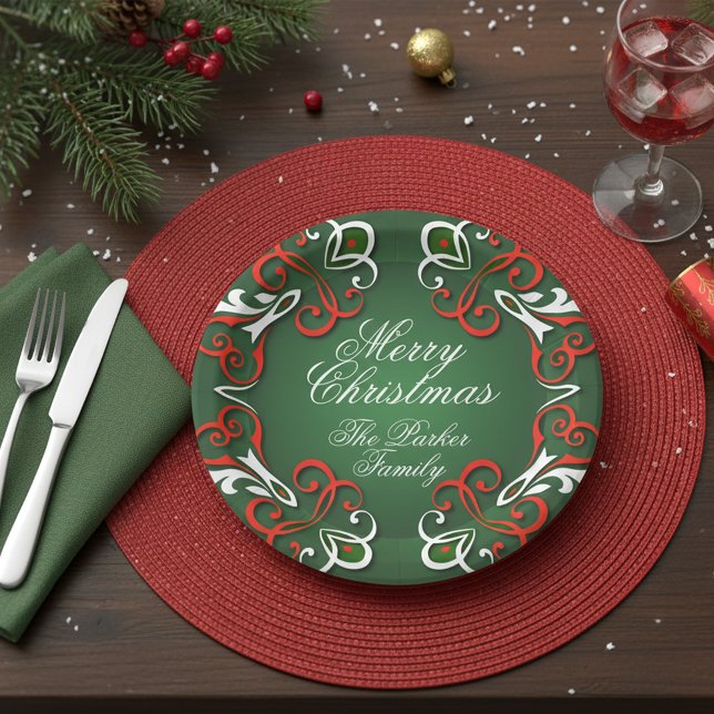 Plato De Papel Feliz Navidad Elegante Barroco Verde Rojo y Blanco (Subido por el creador)