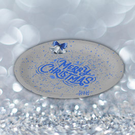 Plato De Papel Feliz Navidad en azul con plata |