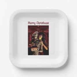Plato De Papel Feliz Navidad. Esqueleto divertido con mujer