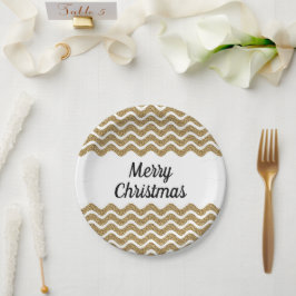 Plato De Papel Feliz Navidad Faux Gold Purpurina Rayas Blancas