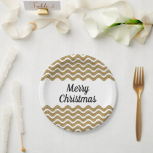 Plato De Papel Feliz Navidad Faux Gold Purpurina Rayas Blancas