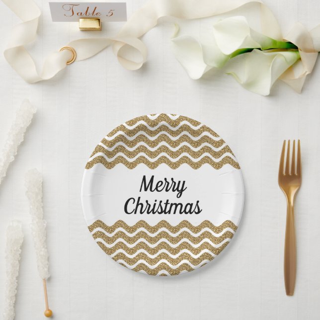 Plato De Papel Feliz Navidad Faux Gold Purpurina Rayas Blancas (Boda)