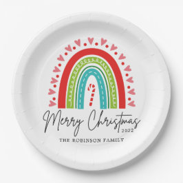 Plato De Papel Feliz Navidad Festividad Rainbow Candy Cane Heart