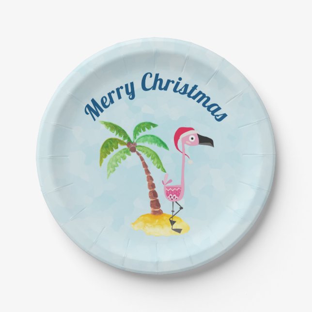 Plato De Papel Feliz Navidad Flamingo Rosa en Santa Hat (Anverso)