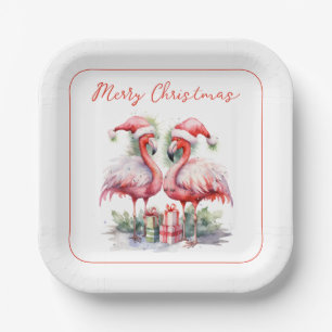 Plato De Papel Feliz Navidad Flamingos rosas