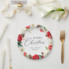 Plato De Papel Feliz Navidad Floral roja personalizada