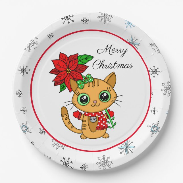 Plato De Papel Feliz Navidad | Gato Naranja con Poinsettia (Anverso)
