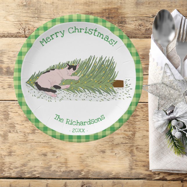 Plato De Papel Feliz Navidad! Gingham verde del gato contra el ár (Subido por el creador)