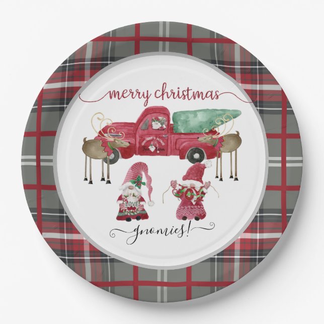 Plato De Papel Feliz Navidad Gnomys Gnome Red Plaid Watercolor (Anverso)