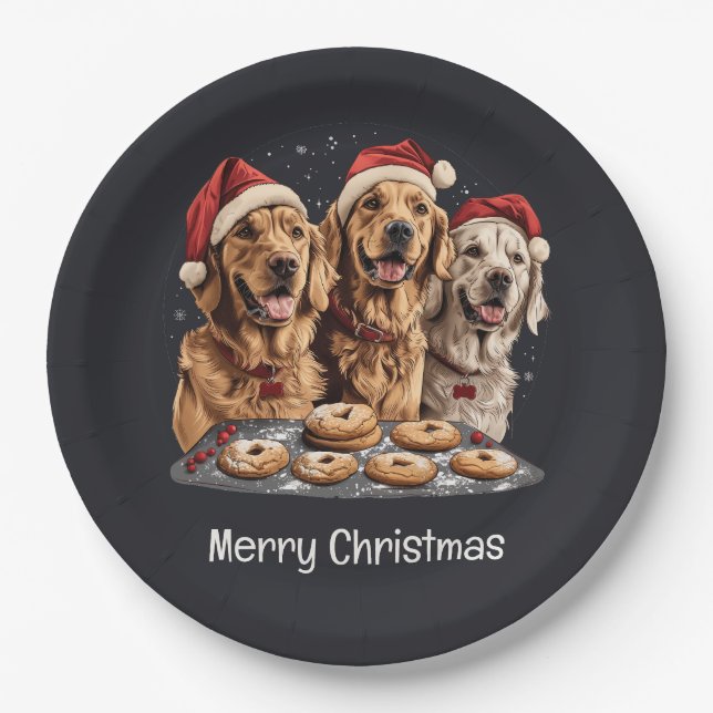 Plato De Papel Feliz Navidad Golden Retriever Dogs Baking (Anverso)