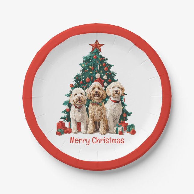 Plato De Papel Feliz Navidad Goldendoodle Dogs (Anverso)