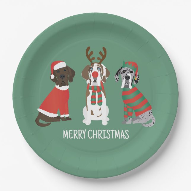 Plato De Papel Feliz Navidad Grandes perros daneses (Anverso)