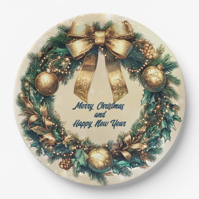 Plato De Papel Feliz Navidad Green Gold Wreath (Anverso)