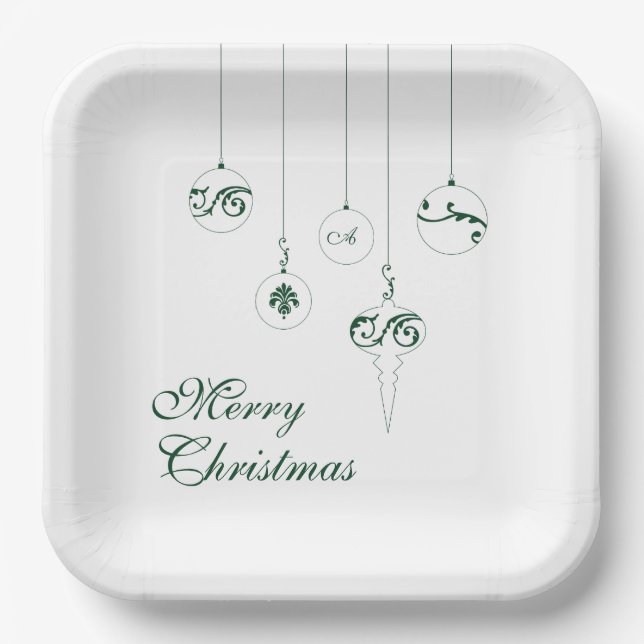 Plato De Papel Feliz Navidad Green Monograma Bauble Square (Anverso)