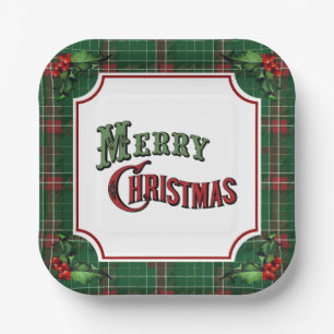 Plato De Papel Feliz Navidad Green Plaid con Holly