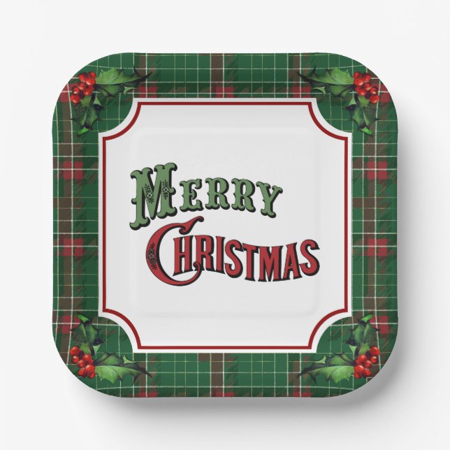 Plato De Papel Feliz Navidad Green Plaid con Holly (Anverso)