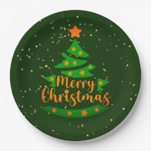 Plato De Papel Feliz Navidad Green Tree Gold Stars Naranjas 9"