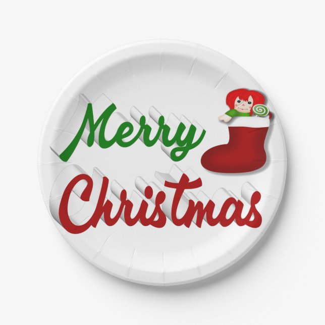 Plato De Papel Feliz navidad Guión rojo verde (Anverso)