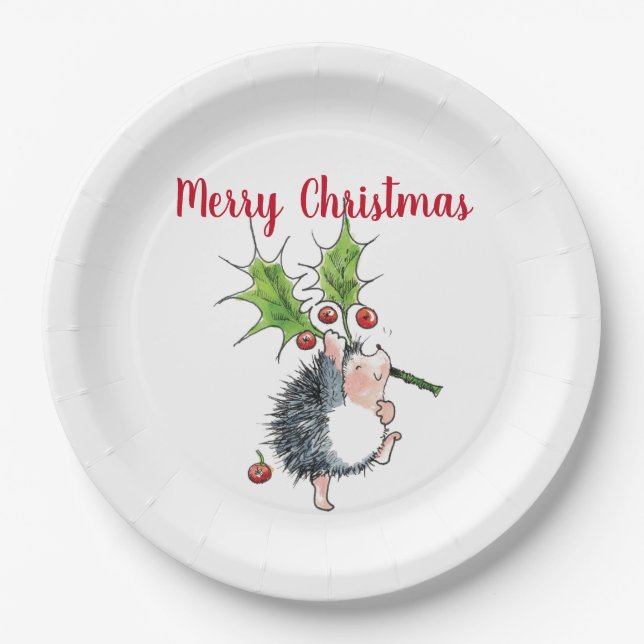 Plato De Papel Feliz Navidad Holly Hedgehog (Anverso)