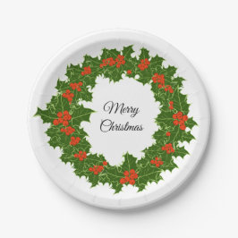 Plato De Papel Feliz Navidad Holly Wreath