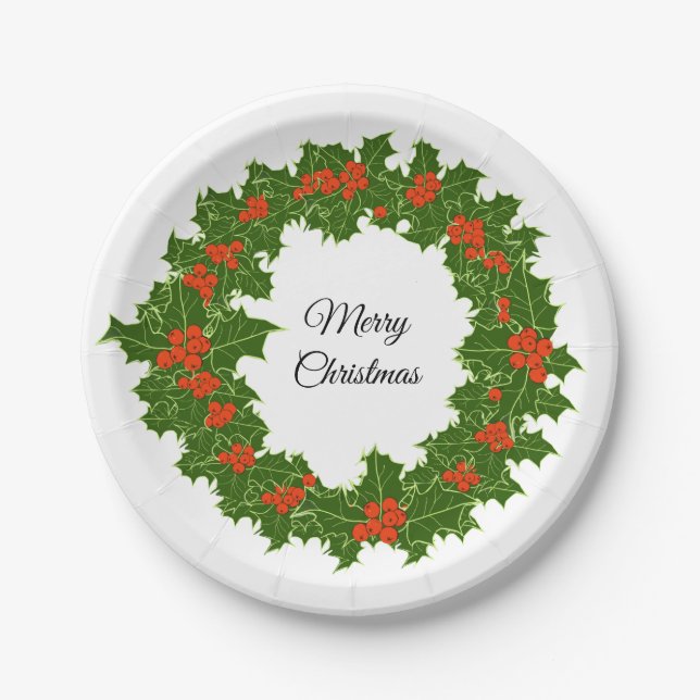 Plato De Papel Feliz Navidad Holly Wreath (Anverso)