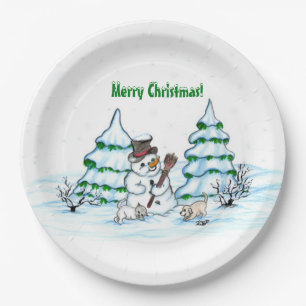 Plato De Papel ¡Feliz Navidad! Hombre de nieve con gato y cachorr