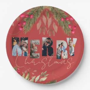 Plato De Papel Feliz Navidad Multi Photo Red Gold Fiesta
