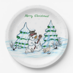 Plato De Papel ¡Feliz Navidad! Muñeco de nieve con gato y cachorr